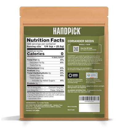 HANDPICK Whole Coriander Seed (283g/10oz) Premium Grade | Pure & Flavorful Coriander Seeds - Indian Origin | Non GMO, Gluten Free | Perfect for Cooking & Seasoning | Resealable Ziplock Pouch
