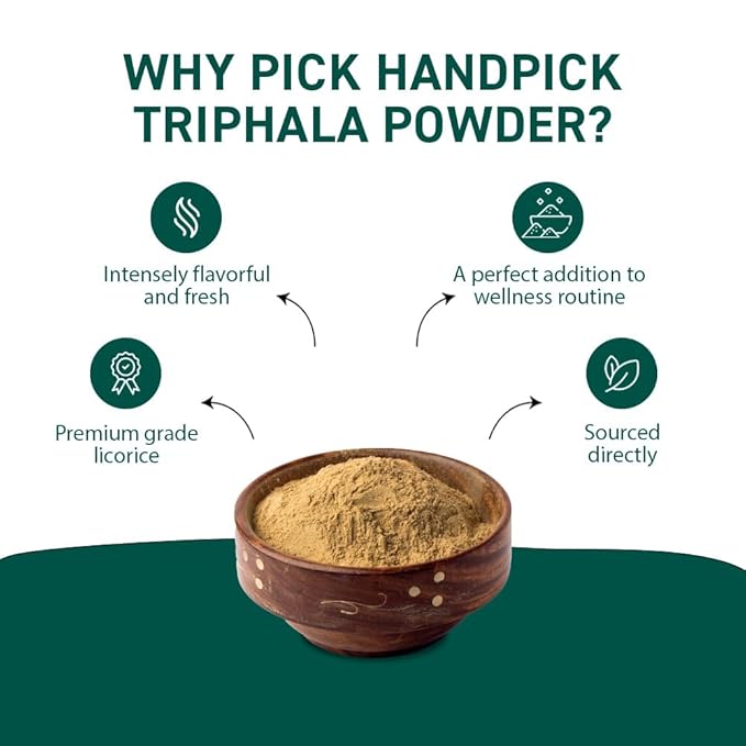 HANDPICK Triphala Powder (397g/14oz) Non GMO, Gluten Free, 100% Raw, Sourced from India, Herbal Formula of Amla, Haritaki, Bibhitaki, Packed in Resealable Zip Lock Pouch
