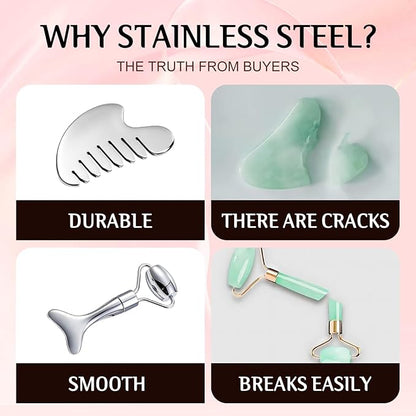 Gua Sha Facial Tool and Face Roller Set, Stainless Steel Lymphatic Drainage Massager for Face, Head, Eyes, Chin and Jaw, Lifting, Massage Scraping with Travel Pouch