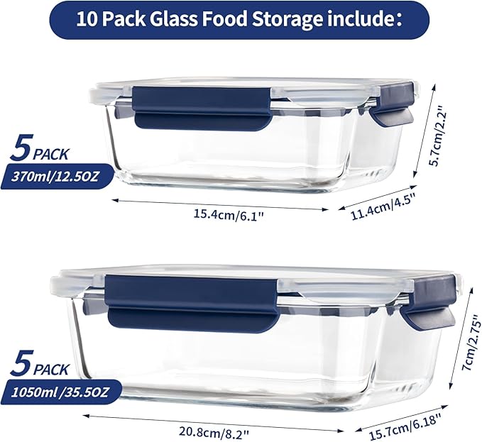 Glass Food Storage Containers with Lids Airtight, 10 Pack Meal Prep Containers, Bpa-free Lid Glass Lunch Box