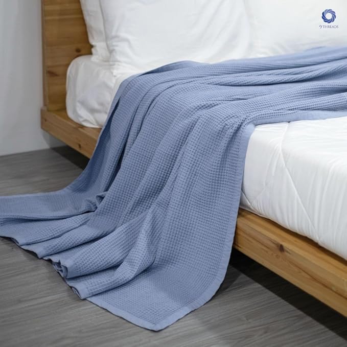 GOTS Certified Organic Cotton Waffle Weave Cozy Throw Blanket for Twin Bed & Couch - 66"X90", Modern Home Decor - Powder Blue