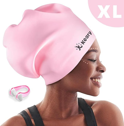 Keary Extra Large Swim Cap for Braids and Dreadlocks Extensions Weaves Long Hair, Waterproof Silicone Cover Ear Bath Pool Shower Swimming Cap for Adult Youth to Keep Hair Dry, Easy to Put On and Off