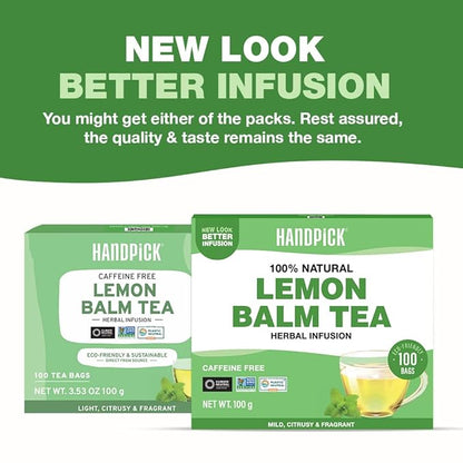 HANDPICK Lemon Balm Tea Bags – 100 Count | 100% Pure Natural Dried Lemon Balm Herb | Caffeine-Free Herbal Tea with Citrus Flavor & Aroma | Round Eco-conscious Teabags