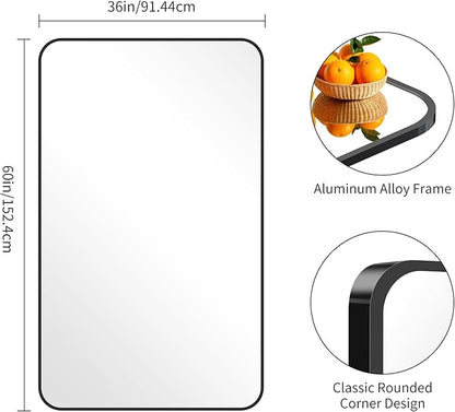 FORBATH Large Bathroom Mirror 60x36 Inches, Black Oversized Wall Mirror for 2 Sinks Aluminum Frame Wall Mounted Rounded Corner Morndern Mirror for Bathroom Bedroom Entryway Living Room