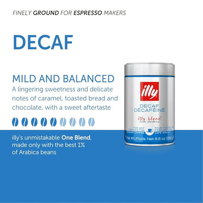 Illy Ground Espresso Coffee, Decaffeinated - Medium Roast - Mild & Balanced - 100% Arabica - Pressurized Packaging Sealed for Freshness - 8.8oz (Pack of 6)