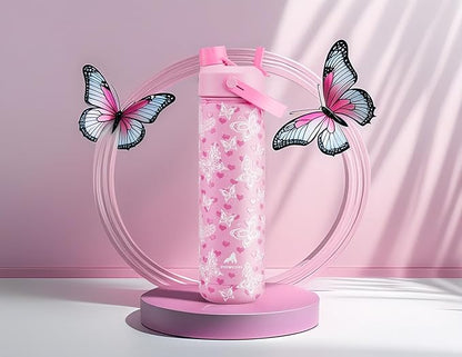 26 oz Insulated Water Bottle with 2-in-1 Straw and Spout Lid, Keep Cold 24H, Leak-Proof, Fits in Car Cup Holder, Stainless Steel Water Bottle for Sports, Travel, and School (Fluttering Amour)