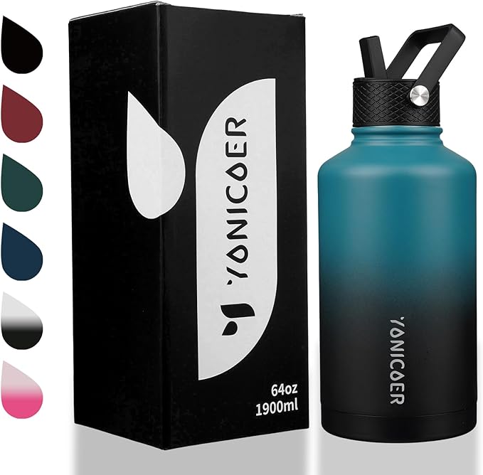 Insulated Water Bottle 64oz,Triple Wall Vacuum Stainless Steel(Dishwasher Safe),Leak Proof & Non-BPA,Flask Jug with Paracord Handle & Straw Spout Lids Sports