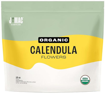 J Mac Botanicals, Organic Calendula Flower (16 ounce), whole dried flowers and petals, loose leaf tea, marigold flower, USDA Certified Organic. Great for loose leaf teas, cocktail bombs, salve