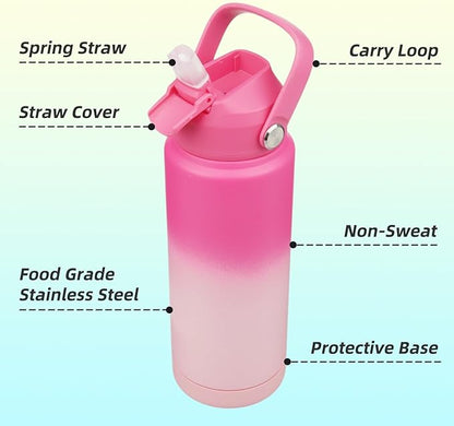Insulated Water Bottle with Straw Lid,24 oz Stainless Steel Vacuum Metal Bottle with Silicone Handle,Cherry Blossom