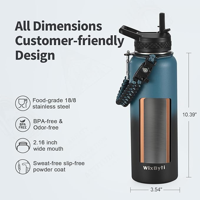 40 oz Insulated Water Bottle with Straw (Cold for 48 Hrs), Stainless Steel Triple Wall Vacuum Sports Water Jug, Leakproof Hydro Cup Flask with Paracord Handle & Straw Spout Lids & DIY Stickers