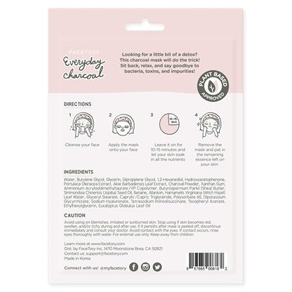 FACETORY K Beauty Face Mask Skin Care - Everyday CHARCOAL Detoxifying Sheet Mask | Plant-Based Charcoal Face Mask (5 Pack)