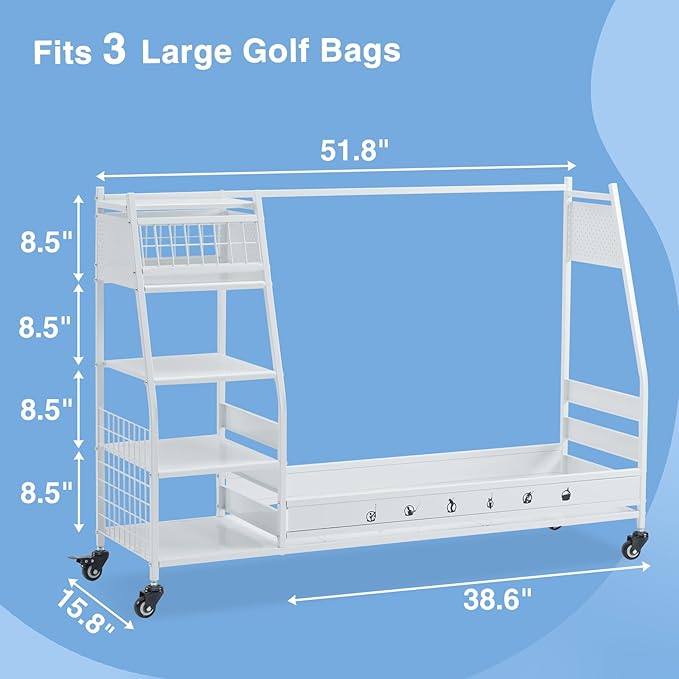 Lauren&Harold Golf Bag Organizer Garage Storage, Golf Storage Rack Stand Fits 2 Golf Bags, Golf Clubs and Other Golfing Equipment Accessories, Golf Organizer for Garage, Club, Shed, Basement