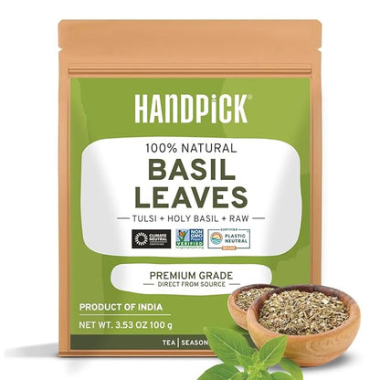 HANDPICK Dried Basil Leaves 40 Servings (100g/ 3.5oz) Non GMO, Gluten Free, 100% Raw Whole Tulsi Leaf, Sourced from India, Premium Quality, Packed in Resealable Ziplock Pouch