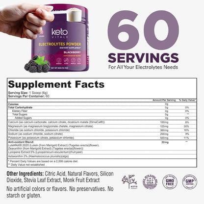 Keto Vitals Antioxidant Electrolytes Powder - Blend Keto Electrolytes with Potassium, Magnesium, Sodium, & Calcium - No Sugar Electrolyte Drink Mix & Hydration Powder, 60 Servings, BlackBerry