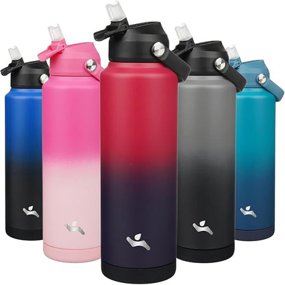 Insulated Water Bottle with Straw Lid,40 oz Stainless Steel Vacuum Metal Bottle with Silicone Handle,Rosy Red
