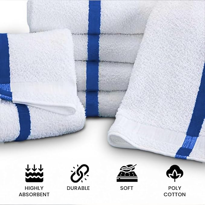 Blue Center Stripe 120 Bulk Towels (22x44) – Economical Soft & Absorbent Bulk Pool Towels for Hotels - Lightweight & Quick Drying White Bath Towels Bulk for Gym & Salon - Durable & Fade Resistant