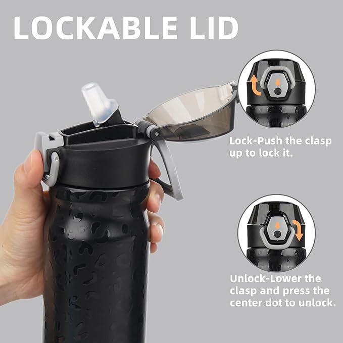 Insulated Water Bottle with Straw and Carry Loop,18 oz Stainless Steel Double Wall Vaccum Metal Water Flask with Leak-proof Lid,Black Leopard