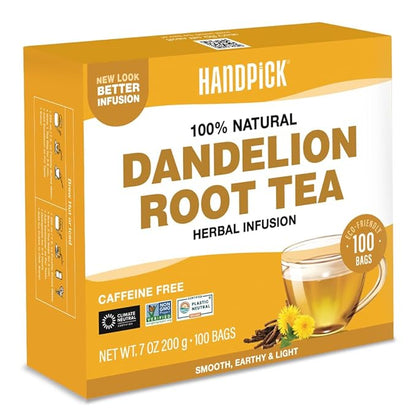 HANDPICK, Dandelion Root & Leaf Tea Bags (100 Herbal Tea Bags) Caffeine-Free Herbal Blend | Eco-Conscious Teabags | Direct from Source