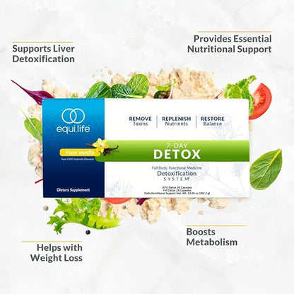 Equilife Dr. Cabral Detox, 7 Day Program with Plant Based Protein, Vitamins, Amino Acids, & Minerals to Support Full Body Balance, Meal Replacement Powder, Vegan, Gluten Free, Vanilla, 14 Servings