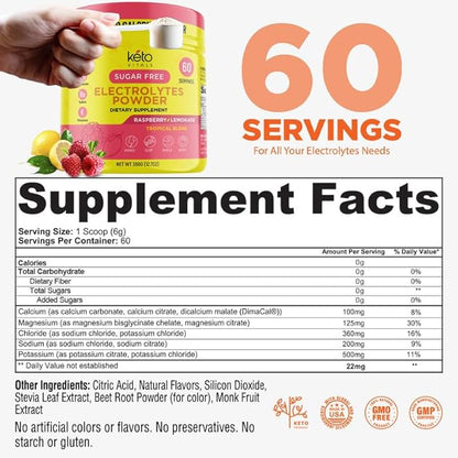 Keto Vitals Electrolytes Powder - Sugar Free Keto Electrolytes Powder with Potassium, Magnesium, Sodium, & Calcium - No Sugar Electrolyte Drink Mix & Hydration Powder, 60 Servings, Raspberry Lemonade
