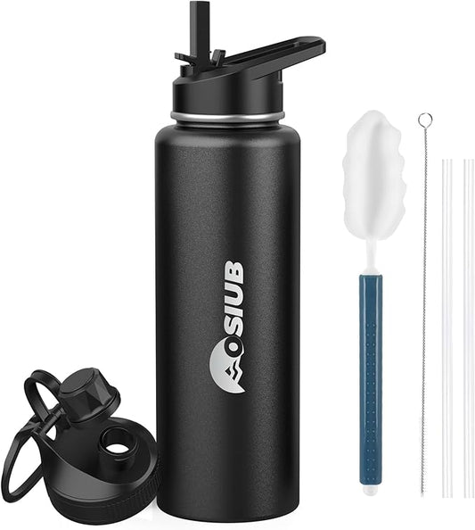 Insulated Water Bottle 40 oz, Triple Wall Vacuum Stainless Steel(Cold for 48 Hrs),Leak Proof & BPA-Free,Simple Modern Water Bottle with Drink-Through Lid & Flip Straw for Sports & Travel, Black