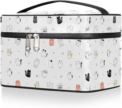 Large Makeup Bag Travel Cosmetic Bags for Women Cute Colorful Cartoon Animal Cat Makeup Organizer Case Toiletry Bag for Girls Traveling Wide Open Portable Pouch with Handle