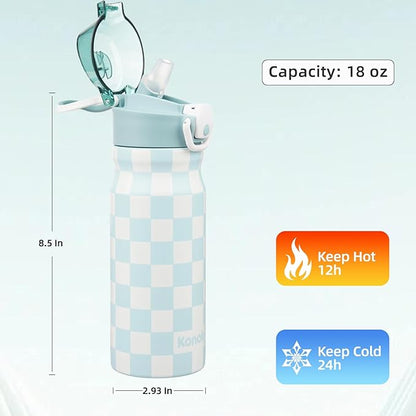 Insulated Water Bottle with Straw and Carry Loop,18 oz Stainless Steel Double Wall Vaccum Metal Water Flask with Leak-proof Lid,Blue White Plaid