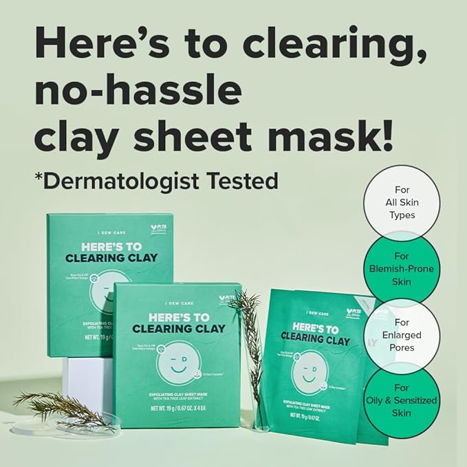I DEW CARE Face Sheet Mask - Here's To Clearing Clay | Daily Exfoliate, Decongest, Minimize Pores, Soothe, Infused with 3-Clay Complex, Tea Tree, Centella Asiatica, Moisturizing, 4ea