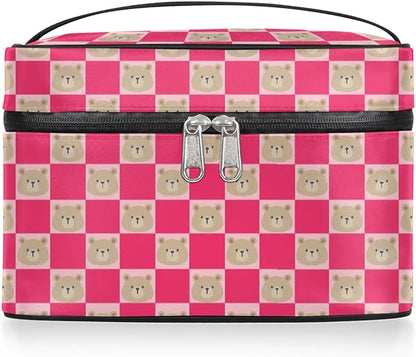 Large Makeup Bag Travel Cosmetic Bags for Women Pink Cute Checkered Plaid Bear Animal Makeup Organizer Case Toiletry Bag for Girls Traveling Wide Open Portable Pouch with Handle
