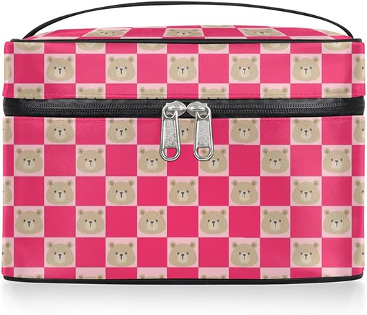 Large Makeup Bag Travel Cosmetic Bags for Women Pink Cute Checkered Plaid Bear Animal Makeup Organizer Case Toiletry Bag for Girls Traveling Wide Open Portable Pouch with Handle