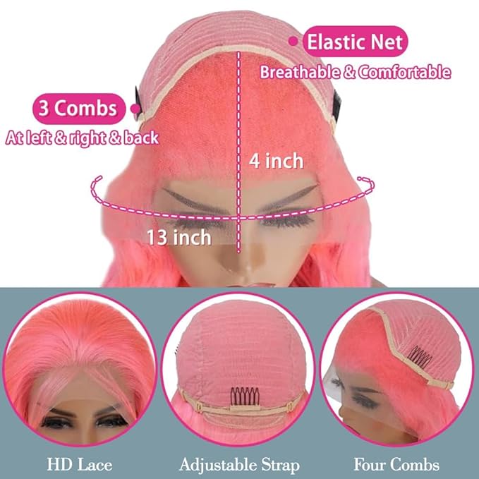 18 Inch Pink Lace Front Wig Human Hair 13x4 HD Lace Pink Body Wave Wig Human Hair Pre Plucked Colored Body Wave Wig Human Hair For Women 150% Density Strawberry Body Wave Lace Front Wig