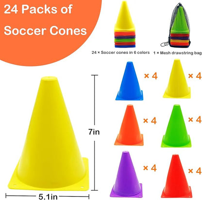 12/24/48Pcs Soccer Cones,7" or 9" Soccer Cones for Training, Multicolor Cones Sports Soccer Training Cones, Field Cones for Skating Basketball Football Drills Practice