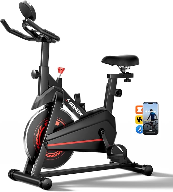 Exercise Bike, Brake Pad Stationary Bikes for Home with App Compatible, Low Noise Indoor Cycling Bike, 300lbs Capacity Compact Workout Bike with Tablet Mount & Extra Comfort Seat