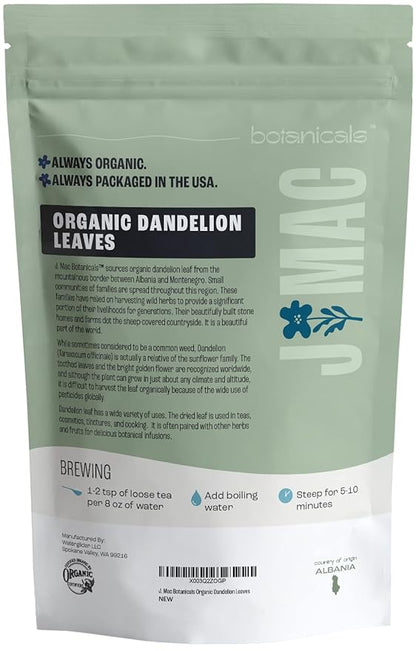 J Mac Botanicals, Organic Dandelion Leaves (4 oz bag) USDA Certified Organic Dandelion leaf tea, te diente de leon organico, Packaged in the USA, Cut and Sifted, No Caffeine