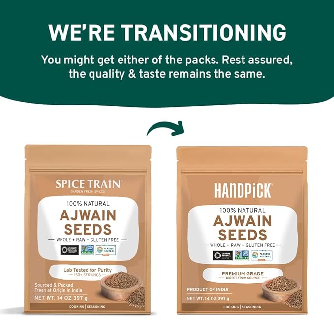 HANDPICK Ajwain Seeds (397g/14oz) Whole Carom Seeds | Vegan, Gluten free, Non GMO | Raw Carom Bishops, Indian Origin | Packed in Resealable Ziplock Pouch