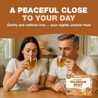 HANDPICK, Valerian Root Tea Bags (Valeriana) 50 Count | Non-GMO, Caffeine Free, Real Ingredients | Earthy/Woody Herbal Tea Bags | Round Eco-conscious Teabags