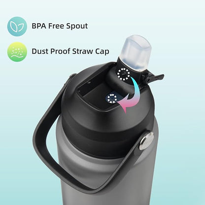 Insulated Water Bottle with Straw Lid,24 oz Stainless Steel Vacuum Metal Bottle with Silicone Handle,Gray Black