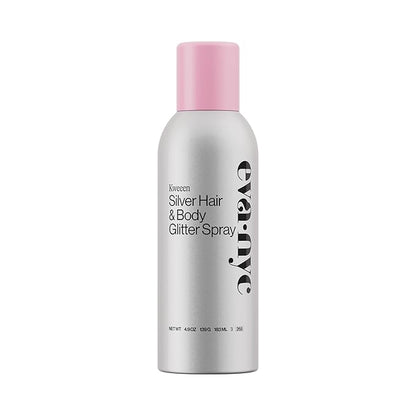 Eva NYC Kweeen Silver Hair and Body Glitter Spray - Our Original Ultra Shimmery Glitter, New Look - Adds Shine + Non-Sticky - Quick Drying Sparkle Spray - Warm Vanilla Scent - 4.9 oz