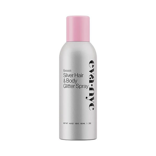 Eva NYC Kweeen Silver Hair and Body Glitter Spray - Our Original Ultra Shimmery Glitter, New Look - Adds Shine + Non-Sticky - Quick Drying Sparkle Spray - Warm Vanilla Scent - 4.9 oz