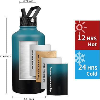 Insulated Water Bottle 64oz,Triple Wall Vacuum Stainless Steel(Dishwasher Safe),Leak Proof & Non-BPA,Flask Jug with Paracord Handle & Straw Spout Lids Sports