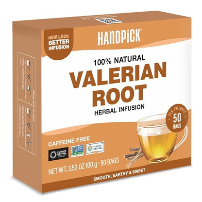 HANDPICK, Valerian Root Tea Bags (Valeriana) 50 Count | Non-GMO, Caffeine Free, Real Ingredients | Earthy/Woody Herbal Tea Bags | Round Eco-conscious Teabags
