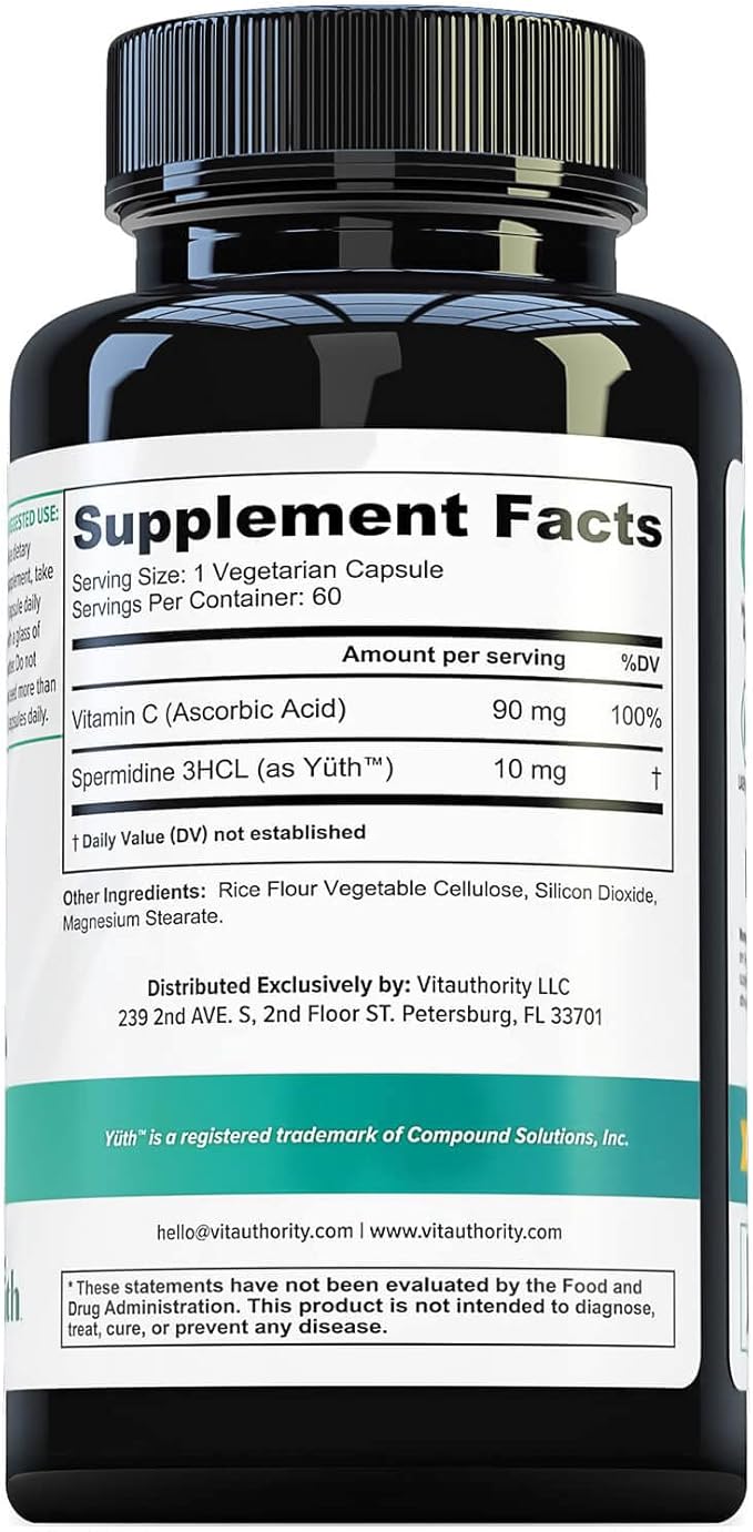 Enhanced Absorption Pure Spermidine Supplement - 99% Standardized Spermidine 3HCL Anti Aging Supplement for Women and Men’s Longevity Brain Telomere Heart Cell and Skin Support - 60 Servings