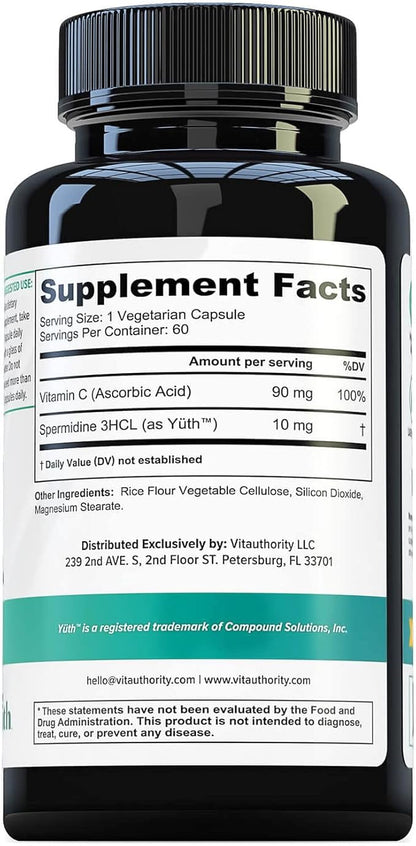 Enhanced Absorption Pure Spermidine Supplement - 99% Standardized Spermidine 3HCL Anti Aging Supplement for Women and Men’s Longevity Brain Telomere Heart Cell and Skin Support - 60 Servings