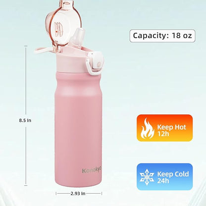 Insulated Water Bottle with Straw and Carry Loop,18 oz Stainless Steel Double Wall Vaccum Metal Water Flask with Leak-proof Lid,Pink