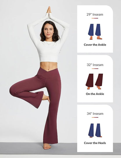 baleaf Women's V Crossover Flare Leggings with Pockets Yoga Pants High Waist Casual Workout Gym Bell Bottom Leggings