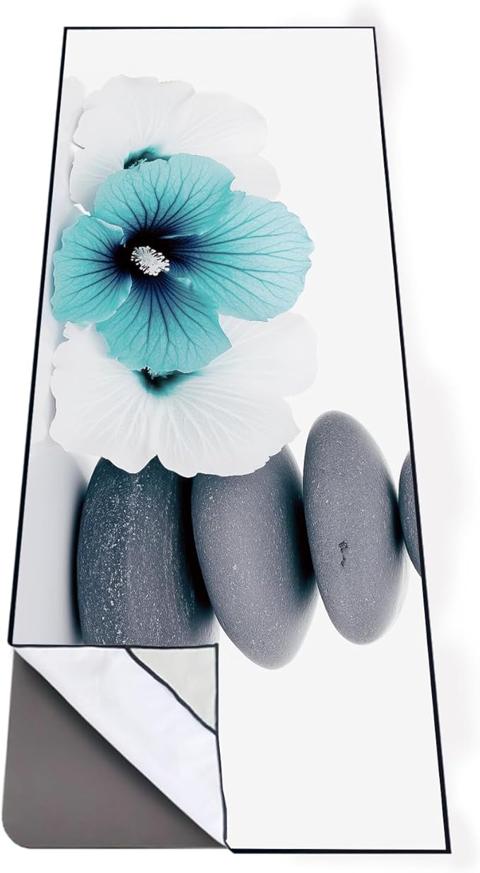 QiyI Yoga Towel with Travel Bag, Microfiber Mat-Sized Hot Yoga Towels, Non Slip Blanket with Corner Pockets, Quick Dry Mat Towel for Bikram, Pilates, Fitness - 70"x26", Pebbles & Blue White Flowers