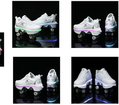 2-in-1 Roller Skates & Sneakers Unisex Retractable Wheels Outdoor Fun & Fitness Kick Roller Shoes