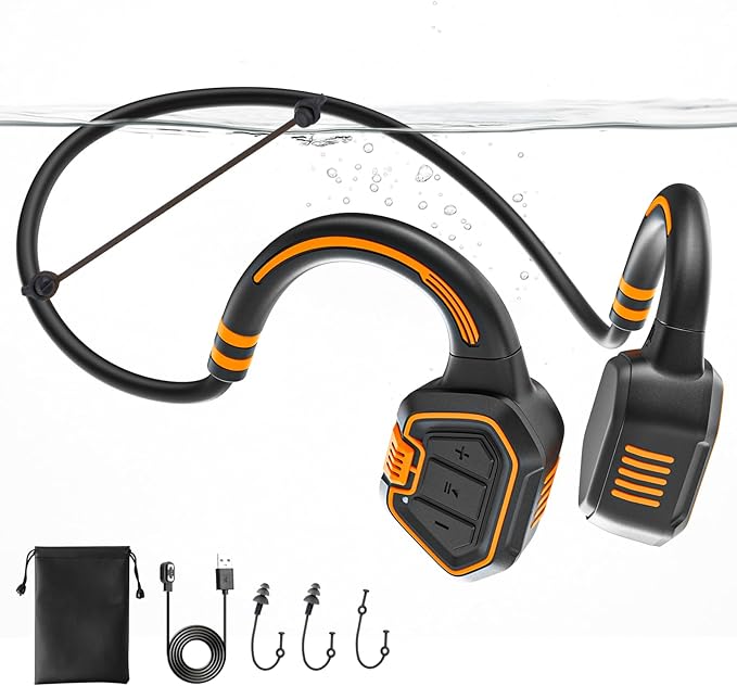 Bone Conduction Swimming Headphones – IP68 Waterproof Open-Ear Bluetooth 5.3 with 32GB MP3 Player, Underwater Swim Headset for Pool Training, Orange