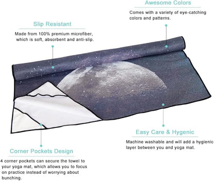 QiyI Yoga Mat Towel with Corner Pockets, Non Slip Sweat Absorbent Hot Yoga Towels, Soft Yoga Blankets with Travel Bag, Skidless Mat Cover for Workout, Gym, Fitness - 70"x26", Moon Cycle