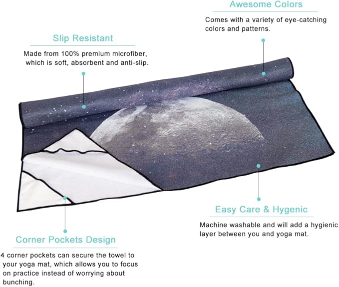 QiyI Yoga Mat Towel with Corner Pockets, Non Slip Sweat Absorbent Hot Yoga Towels, Soft Yoga Blankets with Travel Bag, Skidless Mat Cover for Workout, Gym, Fitness - 74"x26", Moon Cycle